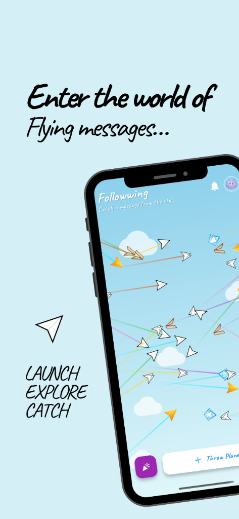 Followwing app screen showing the start of a paper plane journey