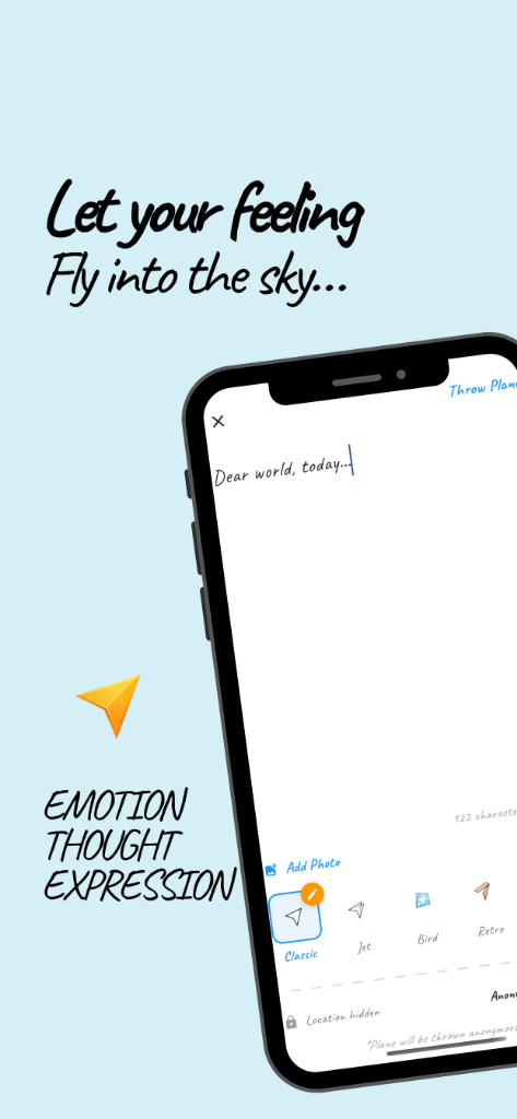 User writing a personal anonymous message on a digital paper plane